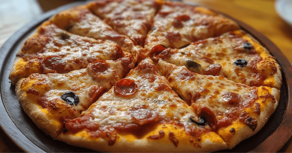 16 Inch Pizza: Shocking Facts You Need to Know! 2 A 16 inch pizza cut into slices on a wooden board, ready to be served.