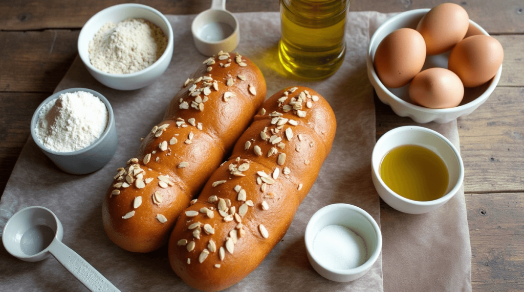 Keto Hot Dog Buns for a Truly Amazing Cookout 2 Ingredients for keto hot dog buns, including almond flour, psyllium husk, eggs, olive oil, and baking powder, arranged on a rustic countertop.