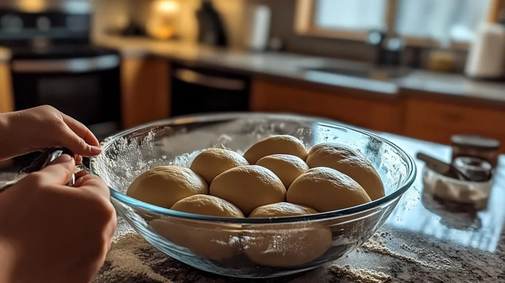 Keto Hot Dog Buns for a Truly Amazing Cookout 3 Hands mixing dough for keto hot dog buns in a large bowl, with measuring tools and ingredients on a wooden countertop