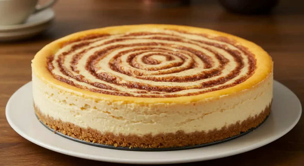Home 10 Decadent cinnamon roll cheesecake with creamy layers, cinnamon swirls, and caramel drizzle.