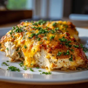 4-Ingredient Ranch Chicken Bake: Effortless Dinner Perfection 3 4-Ingredient Ranch Chicken Bake served with vegetables on a dinner plate