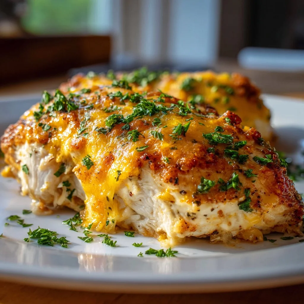 4-Ingredient Ranch Chicken Bake served with vegetables on a dinner plate
