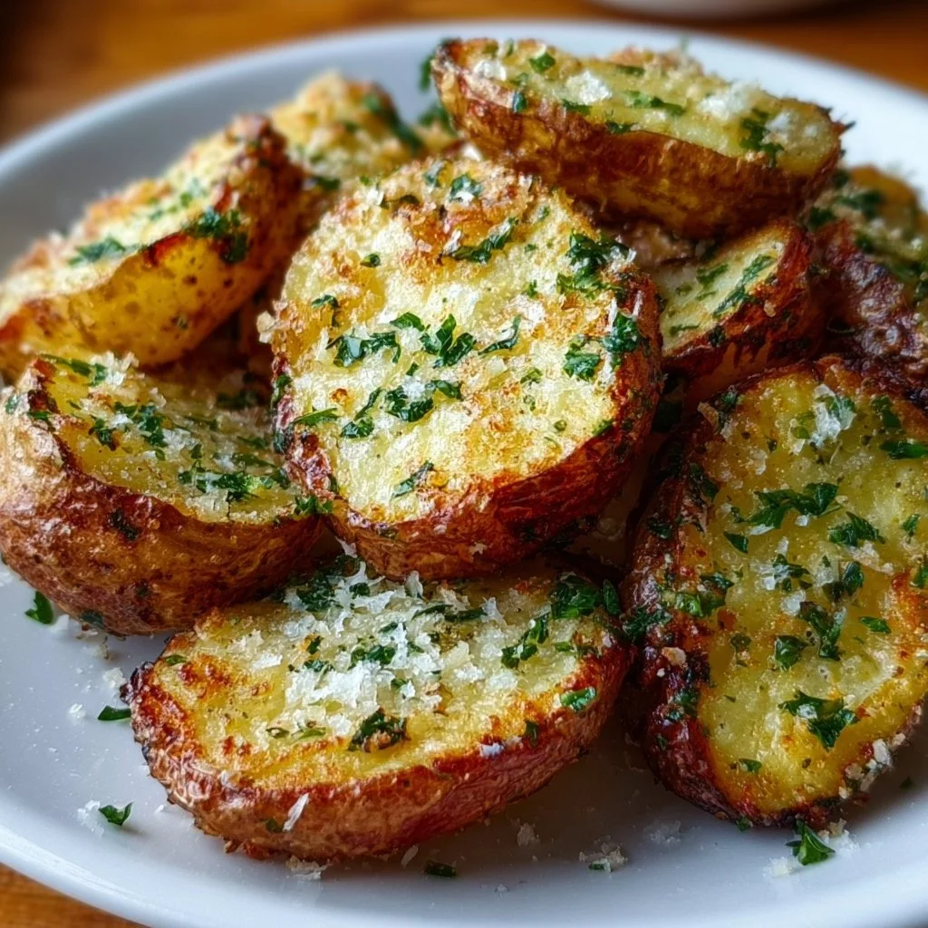 Air Fryer Baked Garlic Parmesan Potatoes 1 Air Fryer Baked Garlic Parmesan Potatoes garnished with parsley