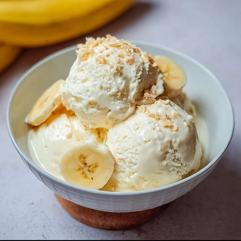 Banana Pudding Ice Cream 1 Delicious banana pudding ice cream in a bowl topped with whipped cream