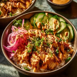 Delicious Bang Bang Chicken Bowl with crispy chicken and vibrant veggies