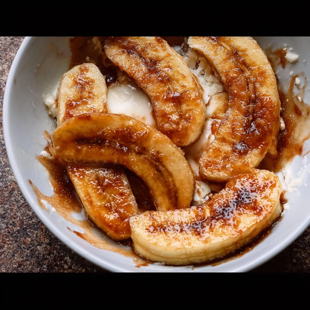 Caramelized Banana Ice Cream 1 Bowl of caramelized banana ice cream topped with caramel sauce and banana slices