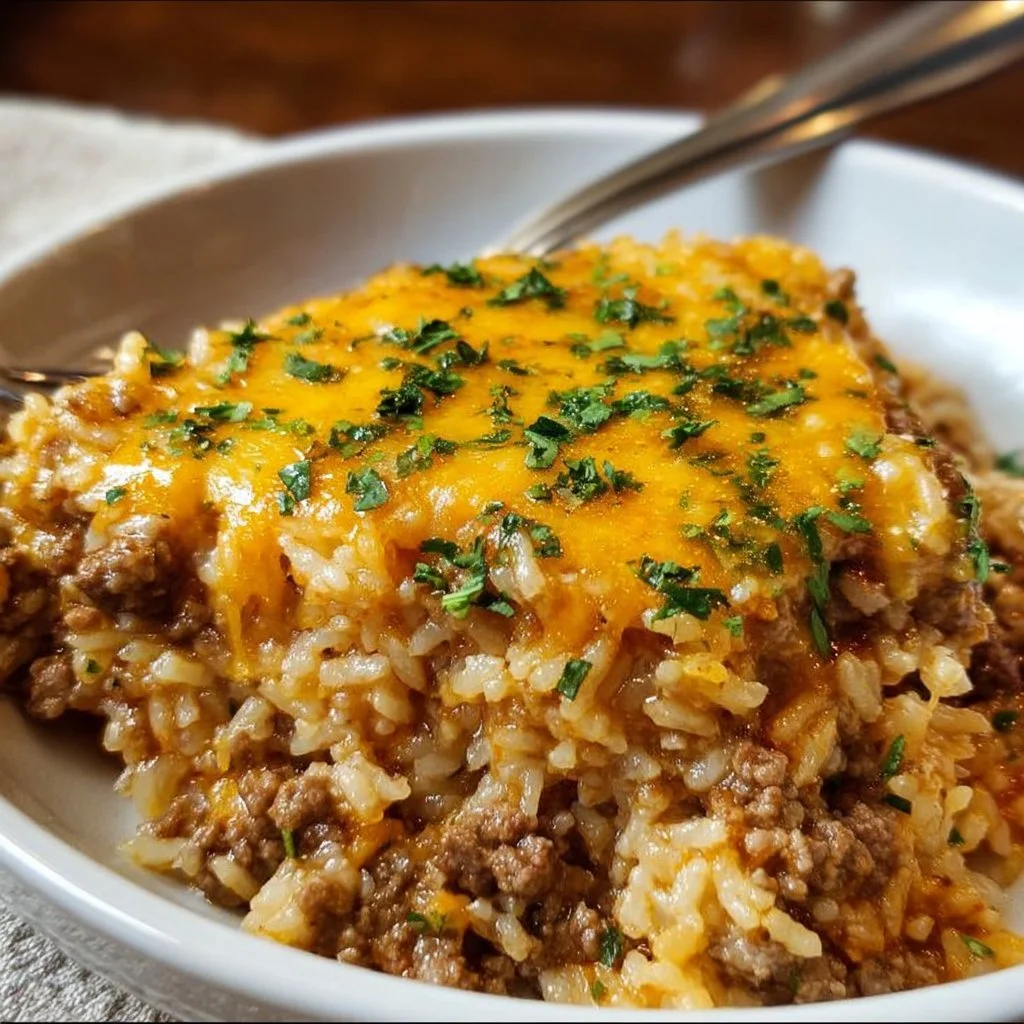 Cheesy Ground Beef and Rice Casserole 1 Cheesy ground beef and rice casserole in a baking dish, perfect comfort food.