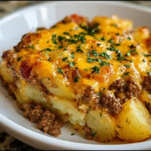 Cheesy Ground Beef & Potato Casserole 3 Cheesy ground beef and potato casserole fresh out of the oven