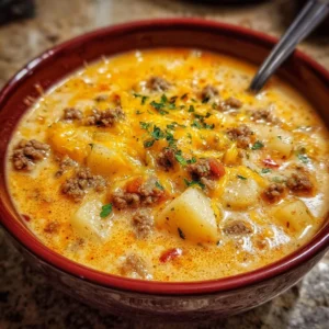 Cheesy hamburger potato soup garnished with herbs in a bowl