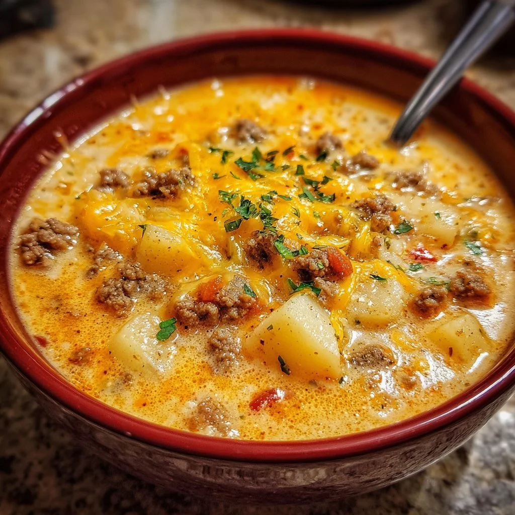 Cheesy hamburger potato soup garnished with herbs in a bowl