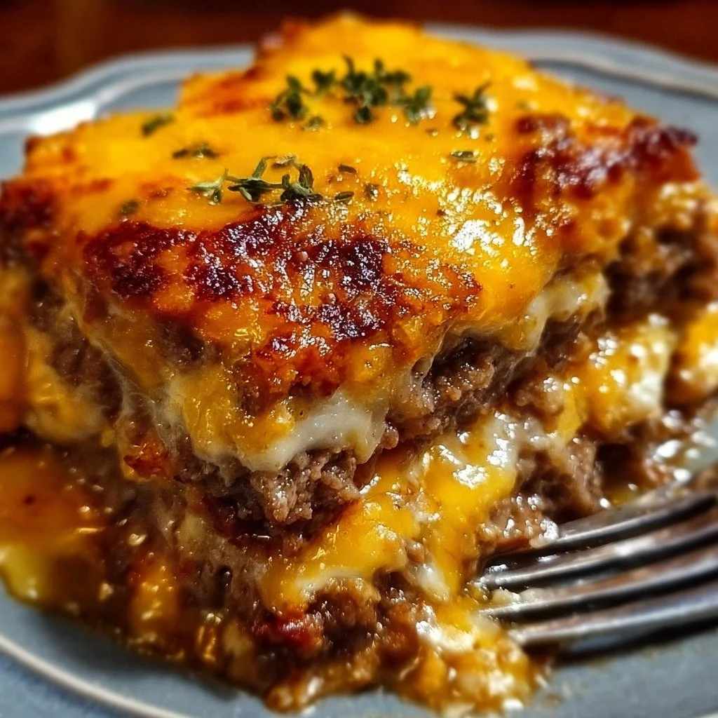 Cheesy loaded meatloaf casserole topped with melted cheese and fresh herbs