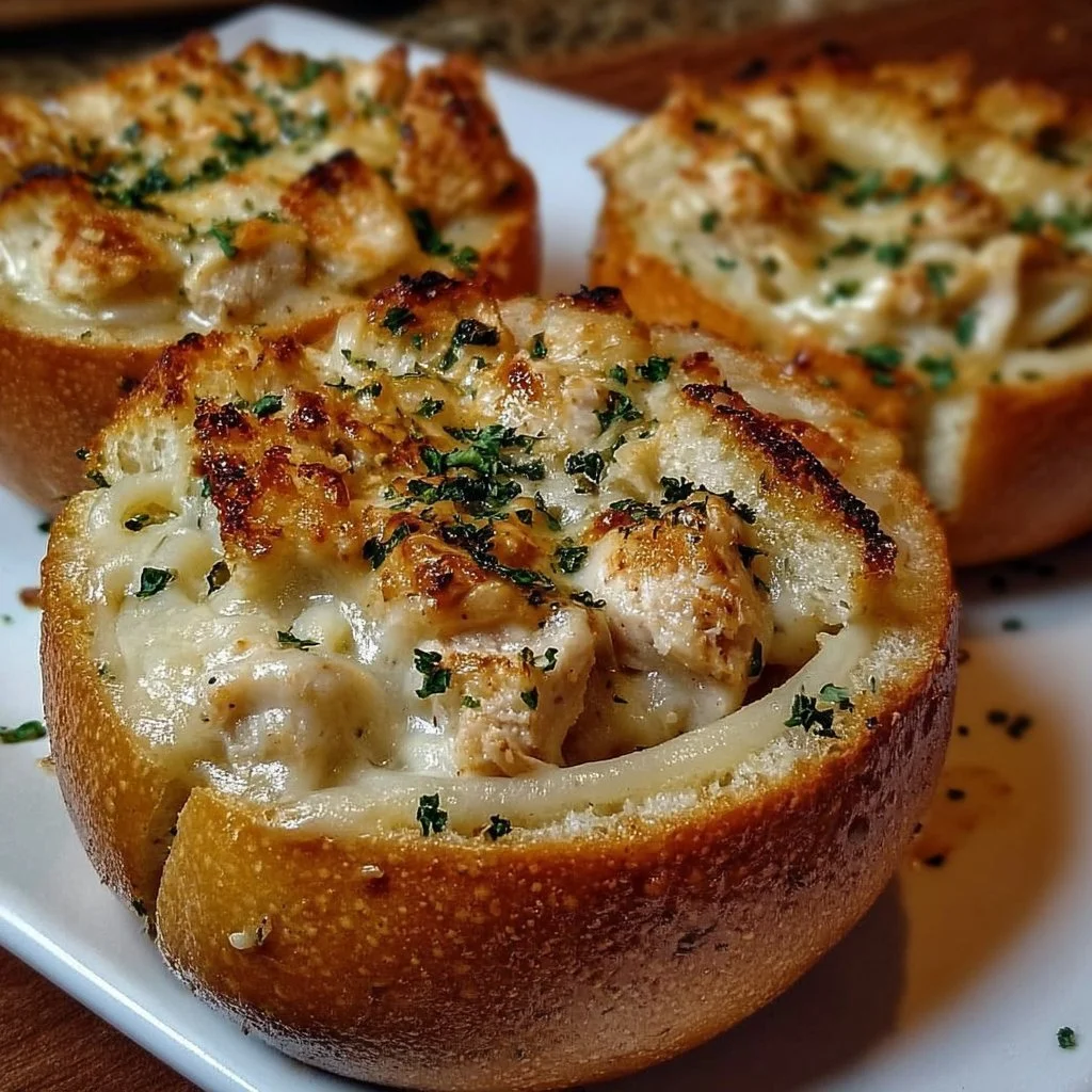 Chicken Alfredo Garlic Bread Bowls 1 Chicken Alfredo Garlic Bread Bowls filled with creamy sauce and tender chicken