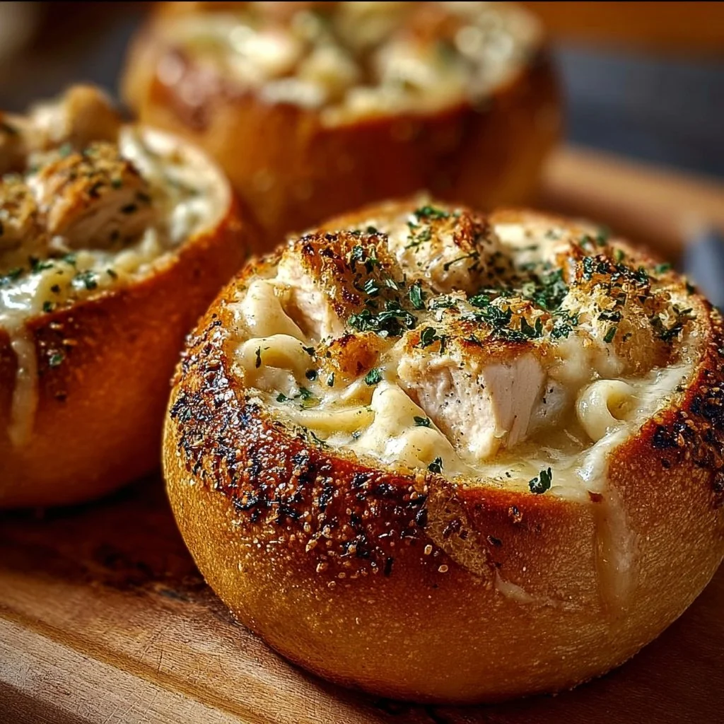 Chicken Alfredo Garlic Bread Bowls 2 Chicken Alfredo Garlic Bread Bowls