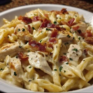 Creamy Chicken Bacon Ranch Pasta served in a bowl with herbs and spices.