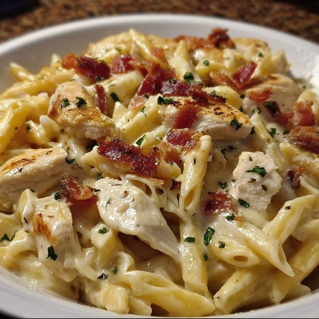 Creamy Chicken Bacon Ranch Pasta served in a bowl with herbs and spices.