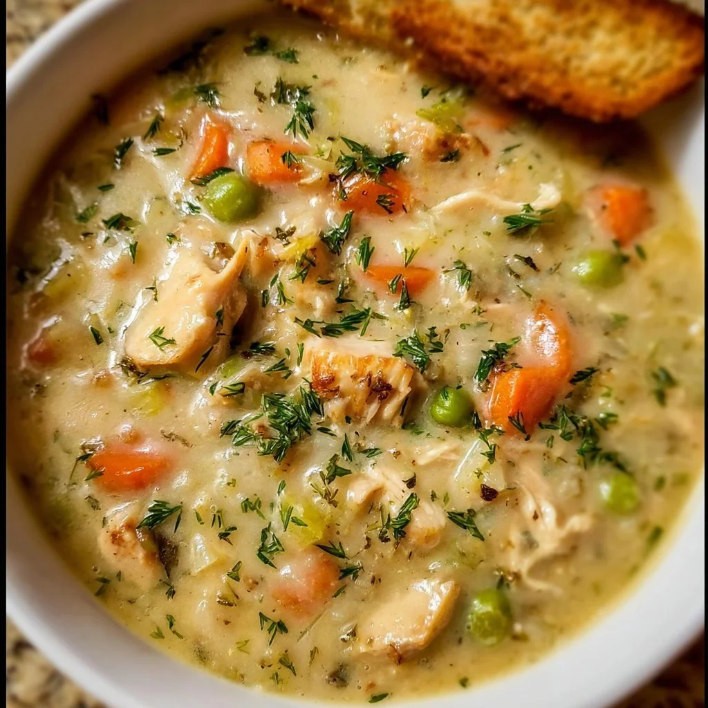 Bowl of hearty Chicken Pot Pie Soup with vegetables and chicken