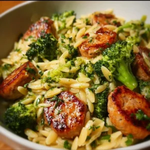 Chicken Sausage and Broccoli Orzo in a bowl garnished with herbs