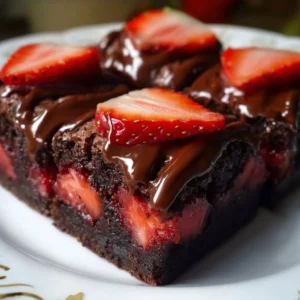 Delicious Chocolate Covered Strawberry Brownies topped with fresh strawberries.