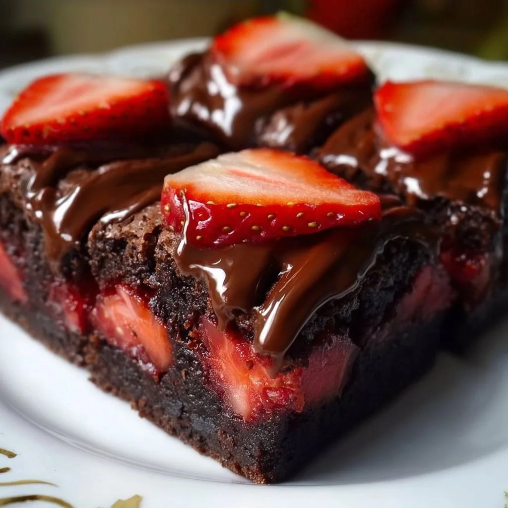Delicious Chocolate Covered Strawberry Brownies topped with fresh strawberries.