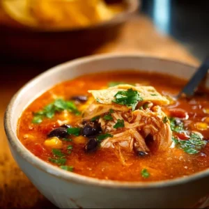 Bowl of Classic Chicken Tortilla Soup topped with crispy tortilla strips and fresh herbs.