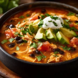 Classic Chicken Tortilla Soup 3 A bowl of classic chicken tortilla soup garnished with tortilla strips and cilantro.