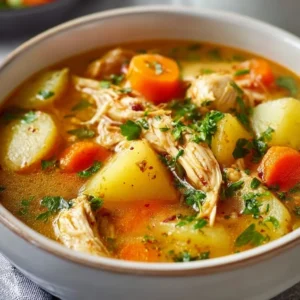 Comforting Chicken Soup with Potatoes 3 Bowl of comforting chicken soup with potatoes and herbs