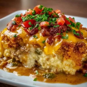 Delicious Cowboy Casserole with beef, vegetables, and cheese baked to perfection