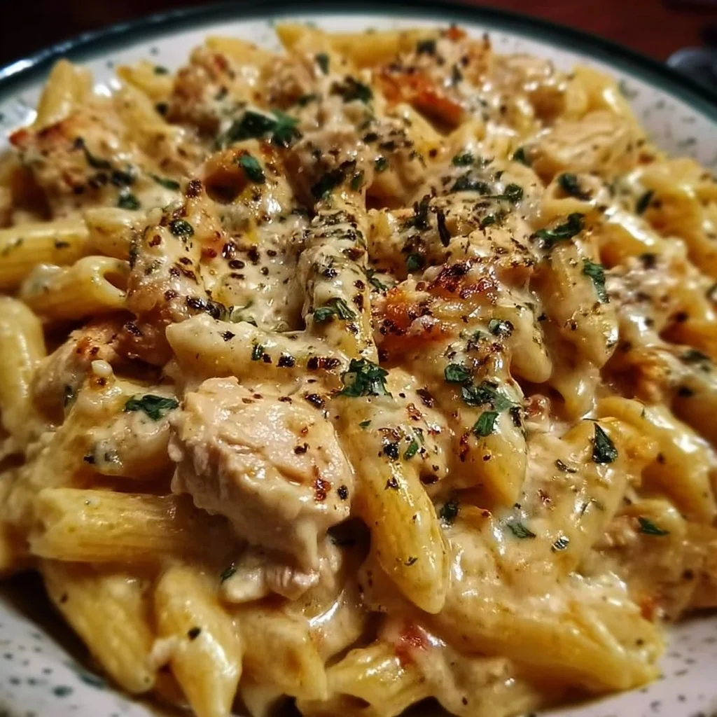 Creamy Chicken Pasta Crockpot 1 Creamy chicken pasta dish prepared in a crockpot, garnished with herbs.