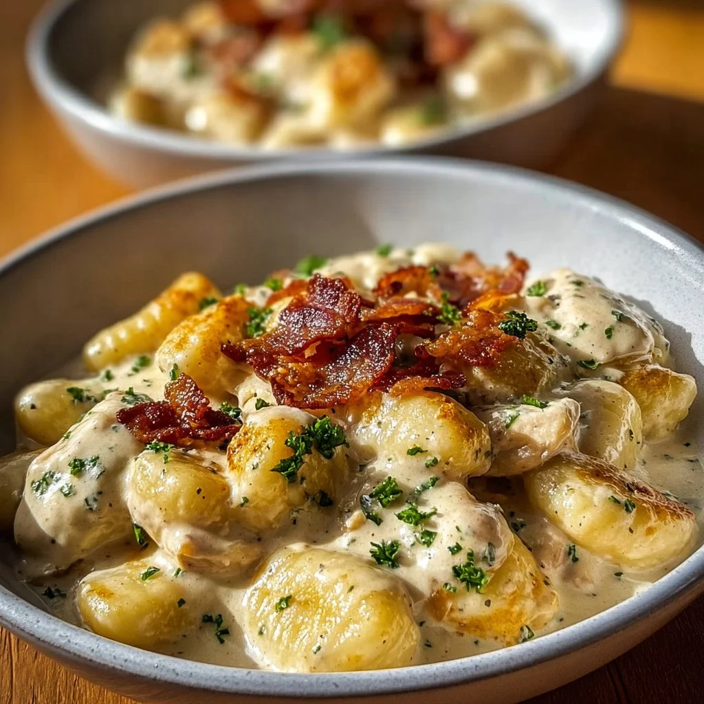 Creamy Crack Chicken Gnocchi in a bowl garnished with herbs