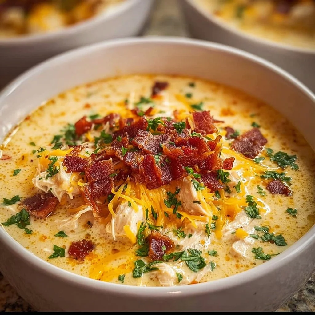 Creamy keto chicken cream cheese soup served in a bowl