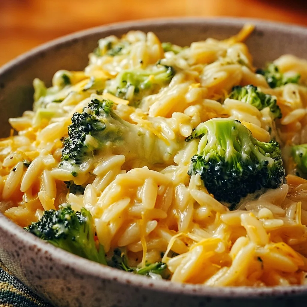 Creamy one-pot broccoli cheddar orzo served in a bowl with fresh broccoli on the side.