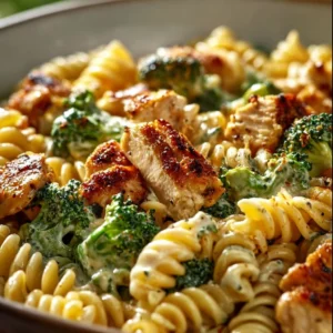 Creamy rotisserie chicken broccoli pasta dish with vibrant colors and rich flavors