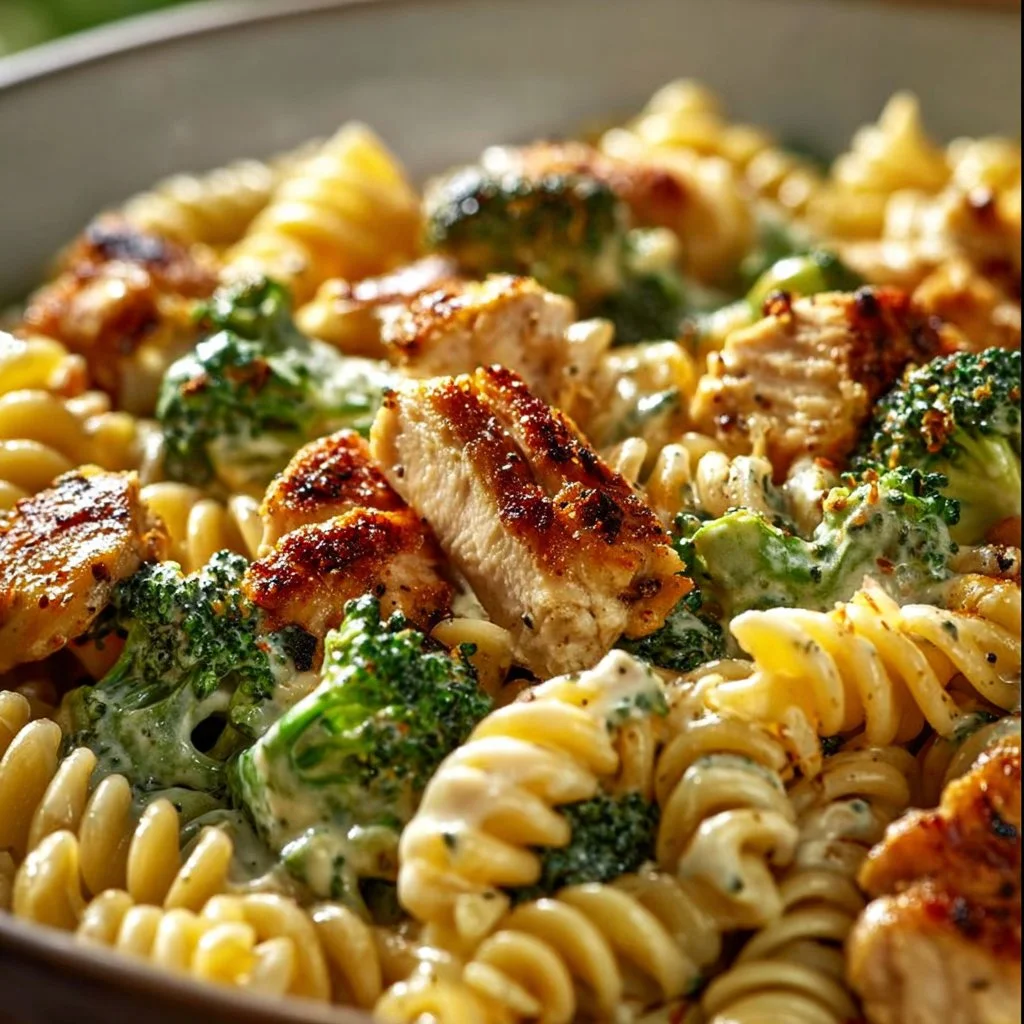 Creamy rotisserie chicken broccoli pasta dish with vibrant colors and rich flavors