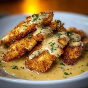 Crispy parmesan chicken topped with rich garlic sauce, perfect for dinner