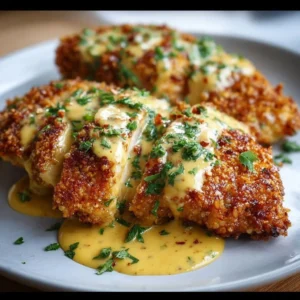 Crispy pretzel crusted chicken with cheddar mustard sauce on a plate