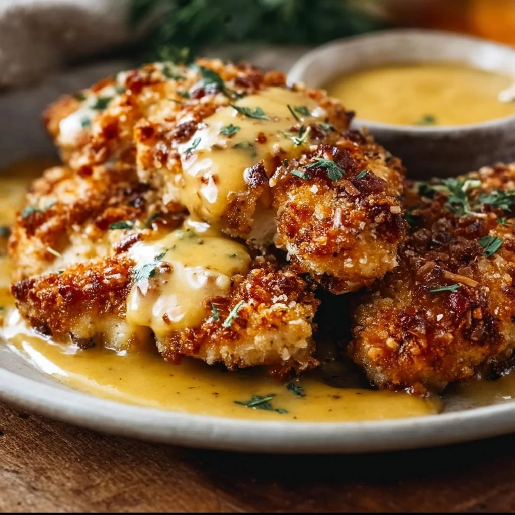 Crispy Pretzel Crusted Chicken with Cheddar Mustard Sauce