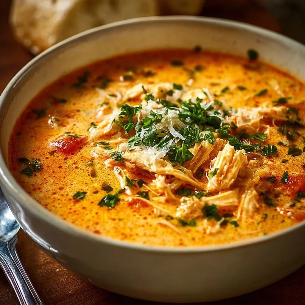 Bowl of Crock Pot Creamy Chicken Parmesan Soup with herbs and cheese