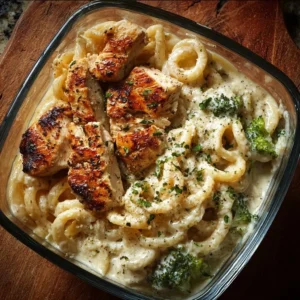 High-protein Chicken Alfredo meal prep in a delicious creamy sauce.
