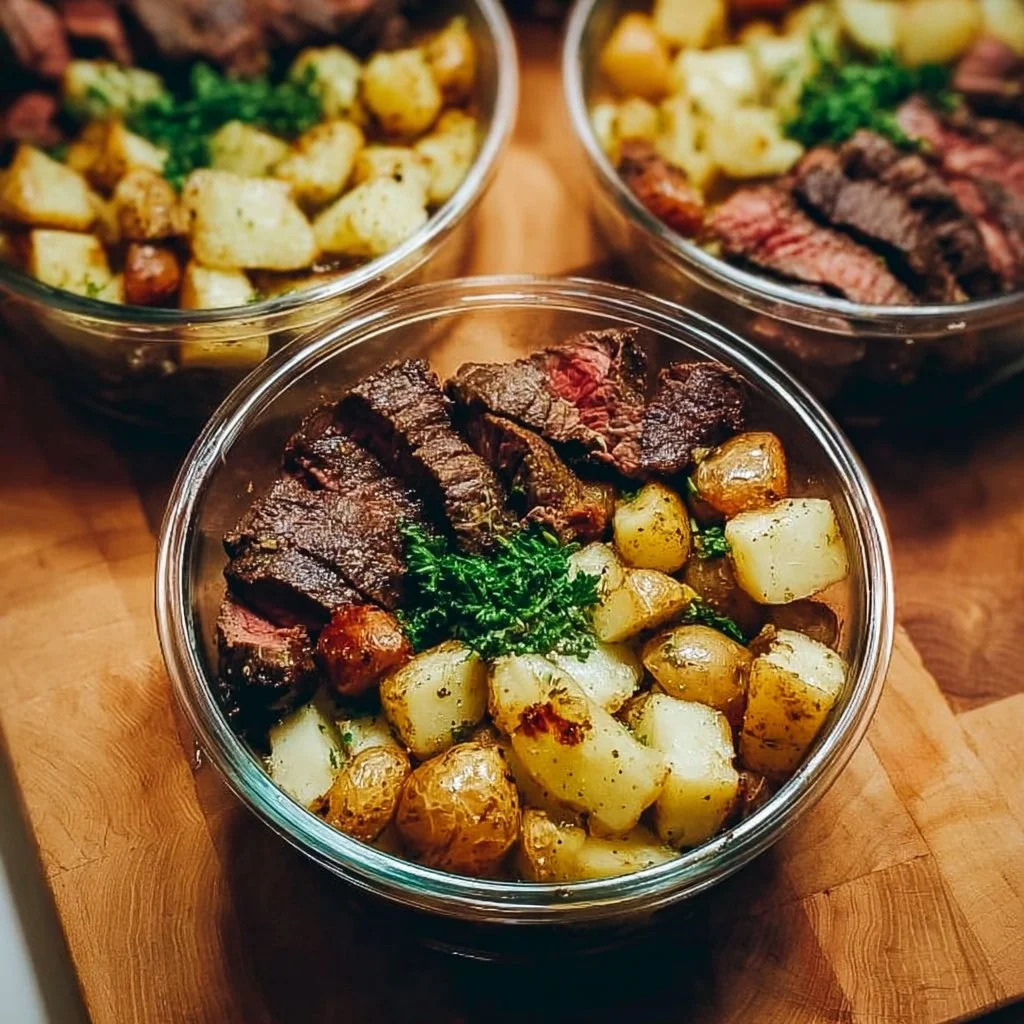 Delicious steak and potatoes meal prep bowls ready for a balanced meal.