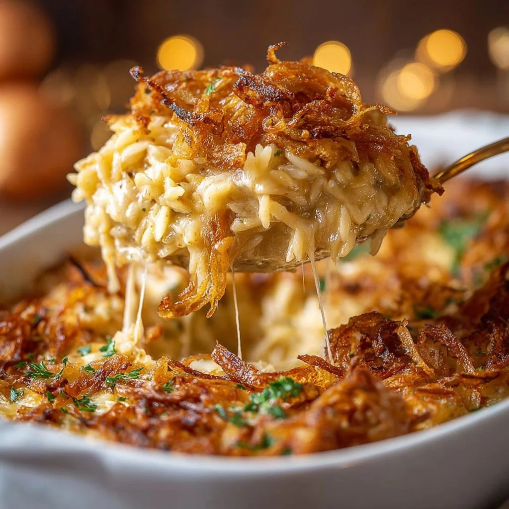 French Onion Chicken Orzo Casserole topped with melted cheese and herbs