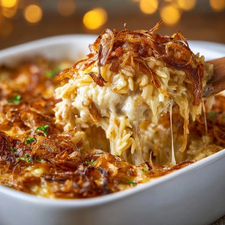 French Onion Chicken Orzo Casserole