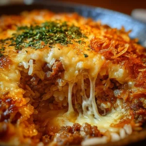 French Onion Ground Beef and Rice Casserole 3 French onion casserole with ground beef and rice in a baking dish.