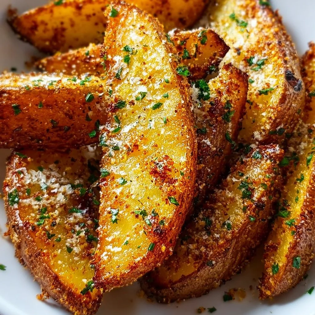 Garlic Parmesan Potato Wedges 1 Crispy Garlic Parmesan Potato Wedges served on a wooden platter