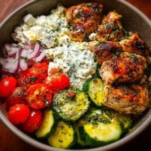 Delicious Greek Chicken Bowls with fresh vegetables and tzatziki sauce.