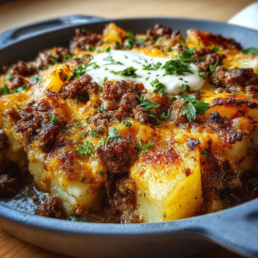 Delicious ground beef and potatoes casserole baked to perfection.