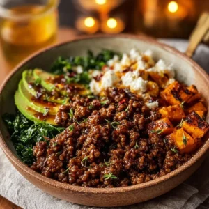 Ground Beef Hot Honey Bowl with garnishes and vibrant colors