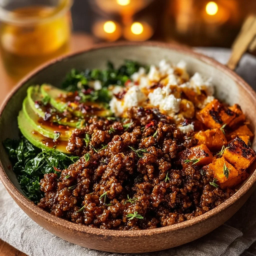 Ground Beef Hot Honey Bowl with garnishes and vibrant colors
