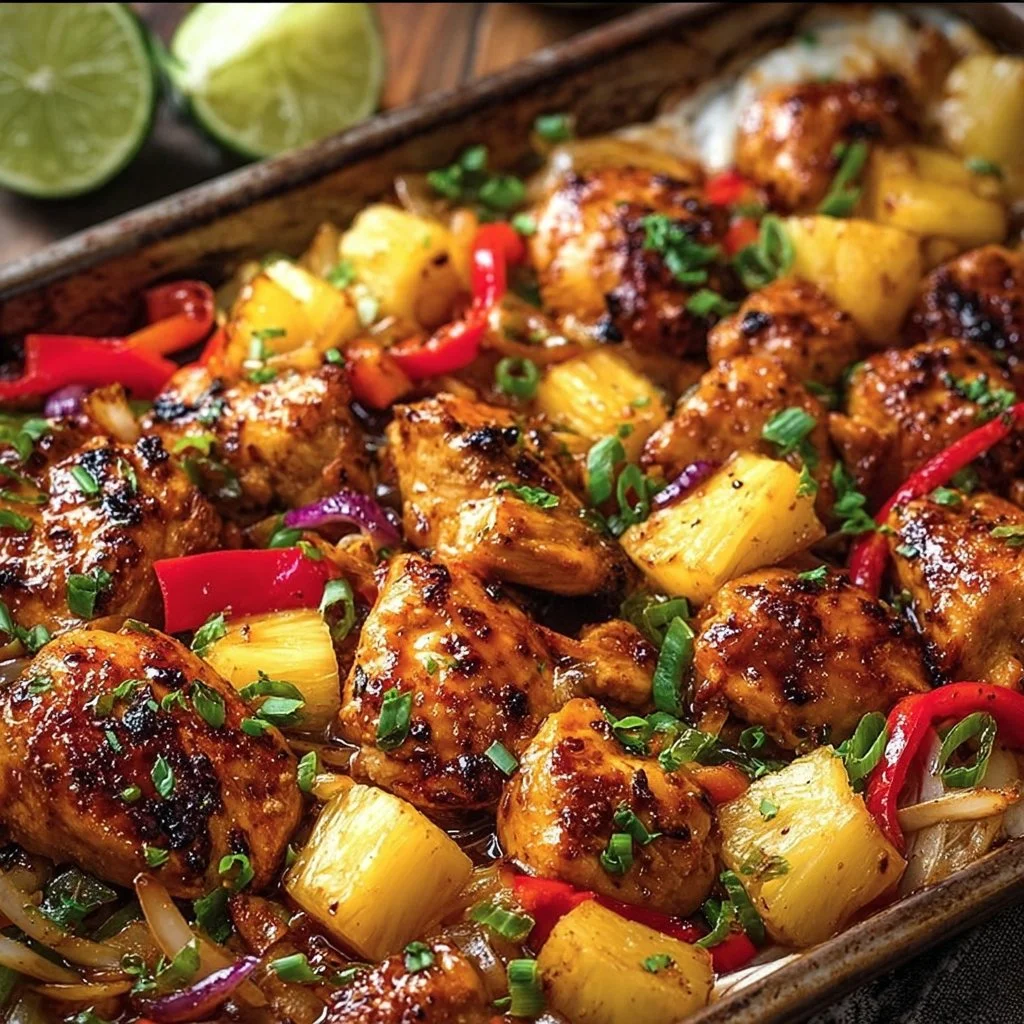 Hawaiian Chicken Sheet Pan 1 Hawaiian Chicken Sheet Pan meal with colorful vegetables and pineapple