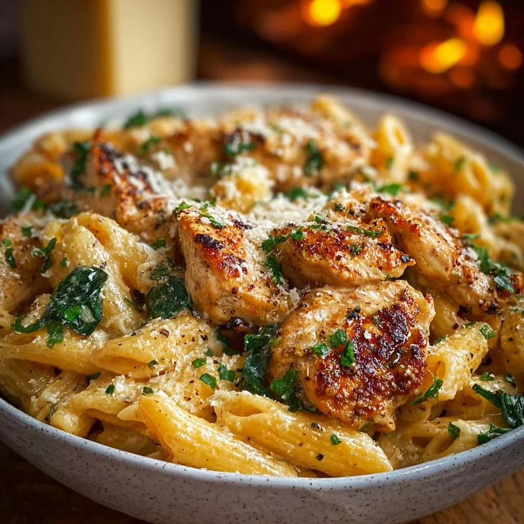 Healthy Garlic Parmesan Chicken Pasta 1 Healthy garlic parmesan chicken pasta served in a bowl with fresh herbs