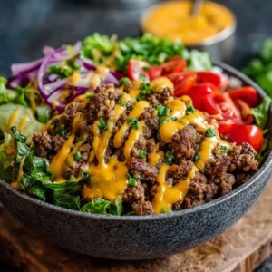 High-protein cheeseburger bowl loaded with beef, veggies, and toppings.